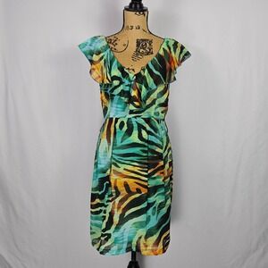 Bisou Bisou‎ Michele Bohbot Womens Sheath Dress 8 Ruffle Zebra Animal Print Y2K